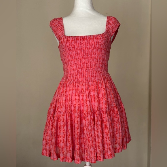 Free People Dresses & Skirts - Free People Sweet Annie Orange Pink Smocked Mini Dress Size XS